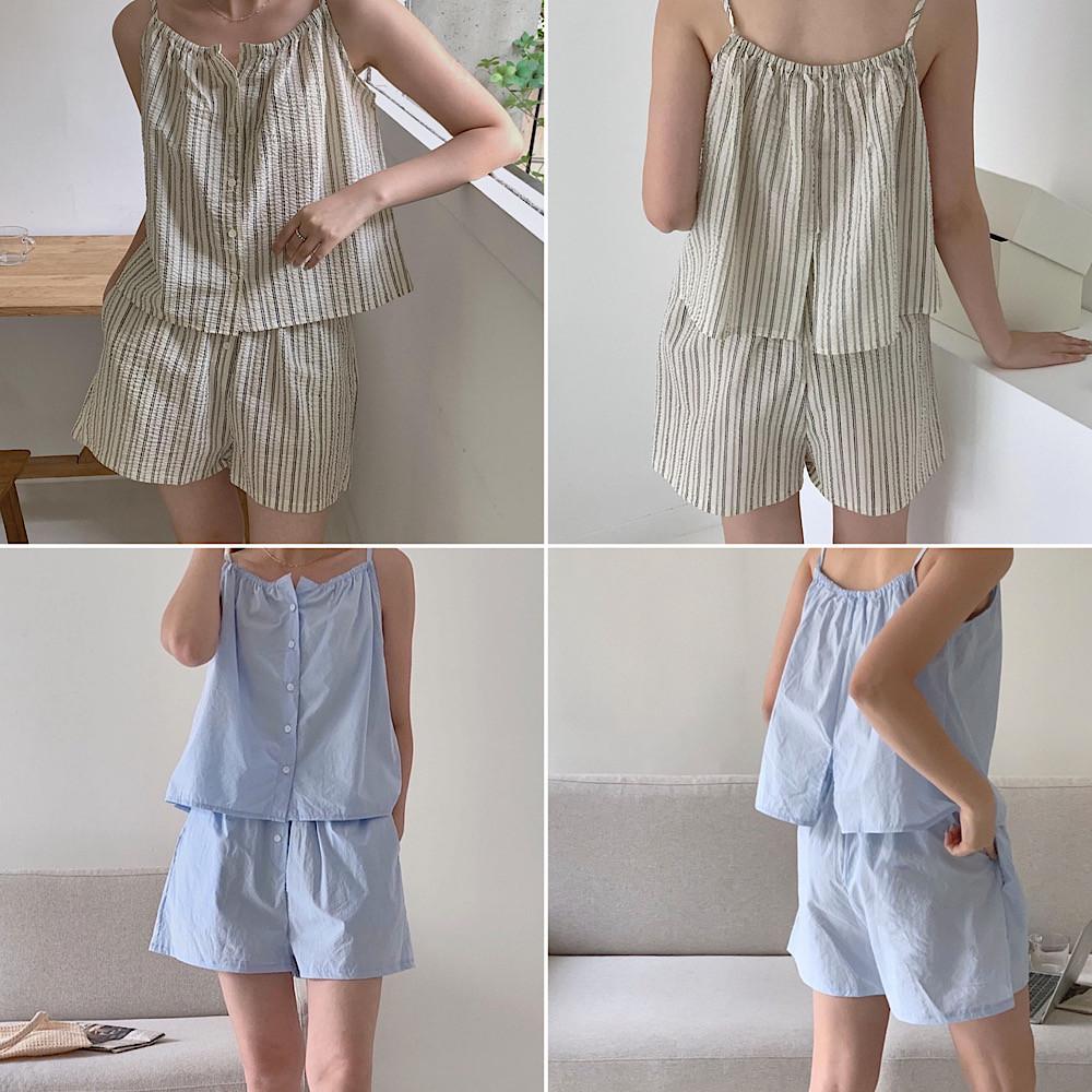 국산 순면 시어서커 스트라이프 무지 주머니반바지 민소매잠옷 여름파자마세트