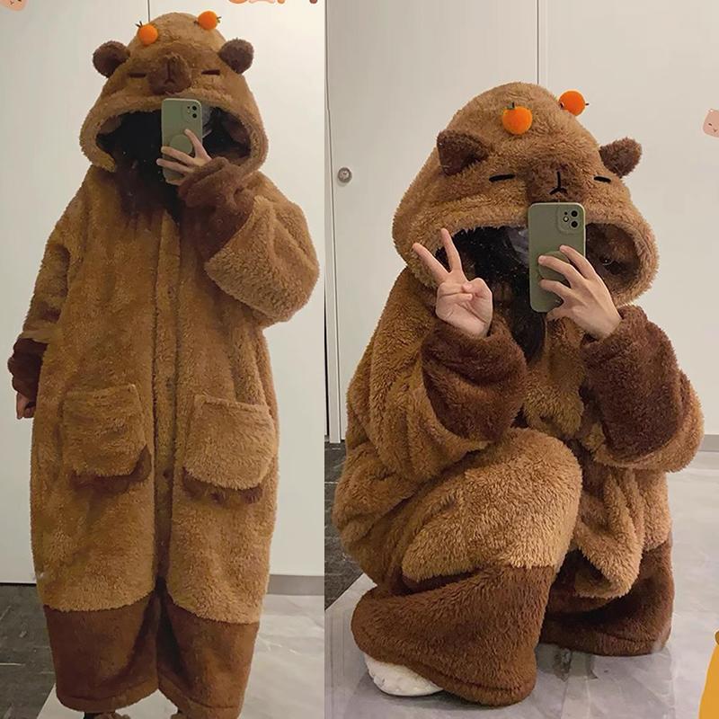 Funny Cartoon Capybara Plush Hooded Pajamas Set