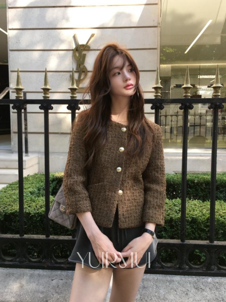 유이르무이 [브라운 당일] vegetable 베지터블 오브 울 금장 노카라 라운드 7부 트위드 자켓 2color
