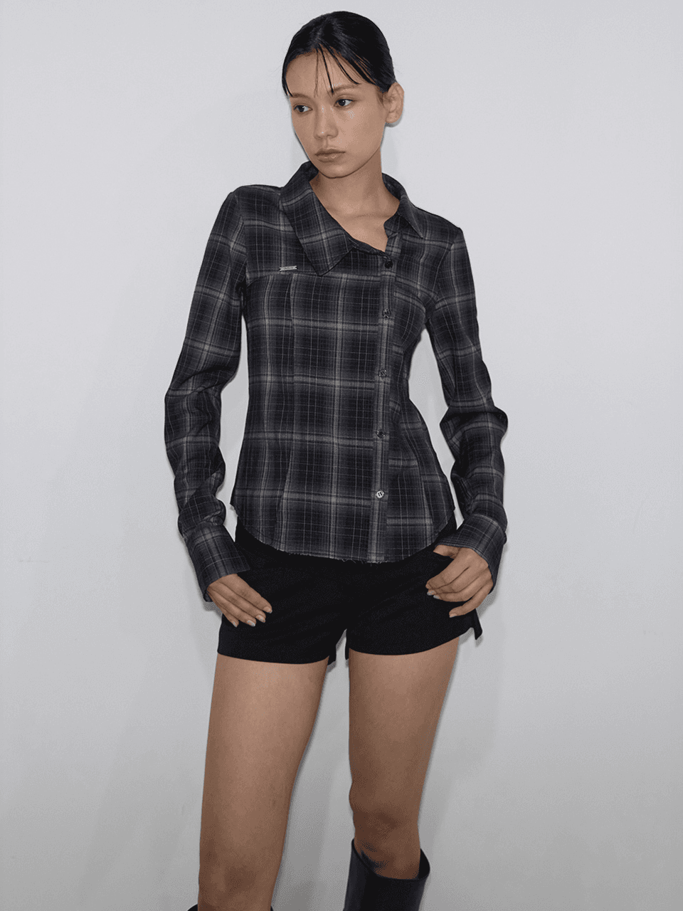 [4th Reorder] Offset Button Check Shirt (navy)