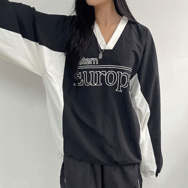 [블록코어/오버핏] 나일론 유럽 V넥 스트링 맨투맨 - 3color