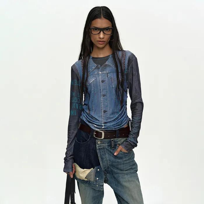 DENIM COLLAGE PRINTED TOP atb1473w(DARK NAVY)