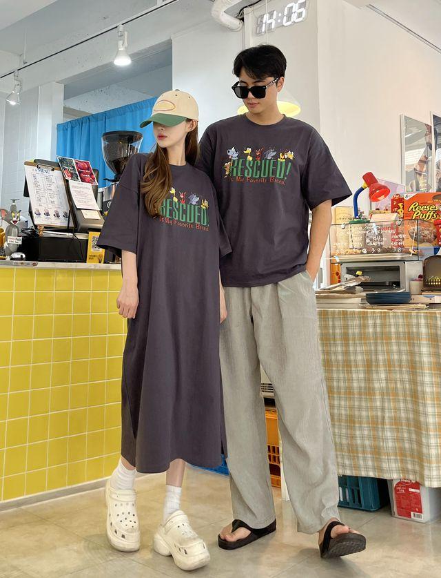 커플강추!! 색감깡패 3컬러 캣독 강아지 고양이 고퀄리티 캐릭터 오버핏 박스티 티셔츠 롱 원피스 세트 커플 커플룩 시밀러룩 꾸안꾸 데일리 여름 휴가룩