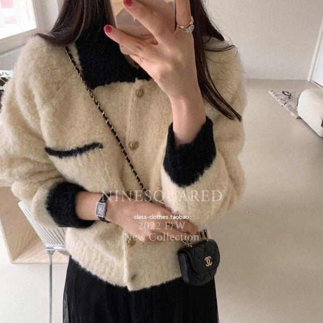 메코JK 기본핏 무지 배색 카라 캐쥬얼 버튼 포인트 뽀글이 니트 자켓