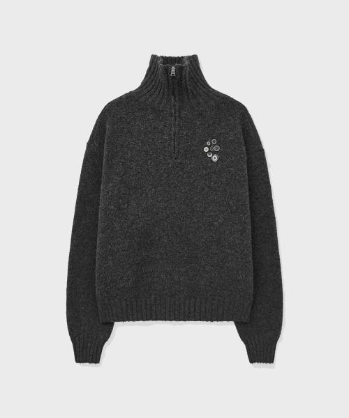 BUTTON HALF PULL-OVER SWEATER-CHARCOAL