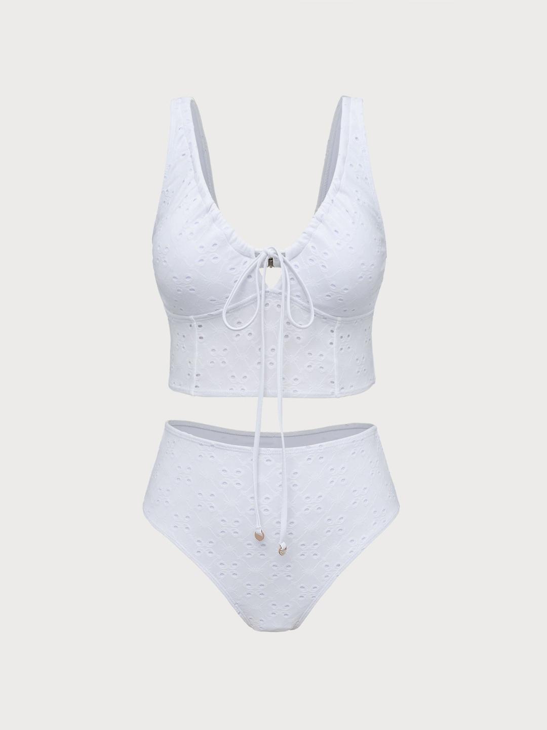 White Front Tie V-Neck Tankini Swimsuit