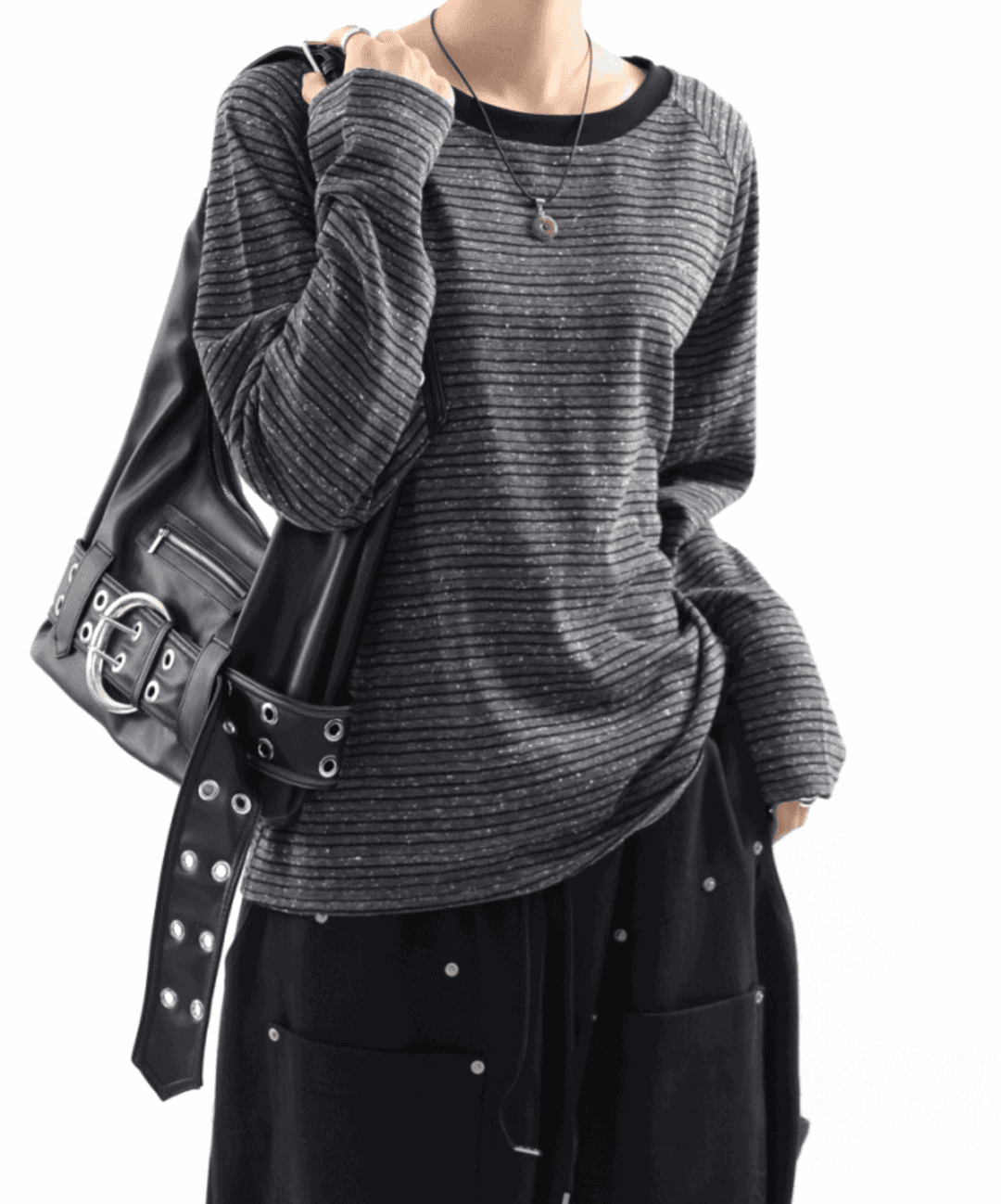 블랙&그레이 스트라이프 오버핏 니트 티셔츠