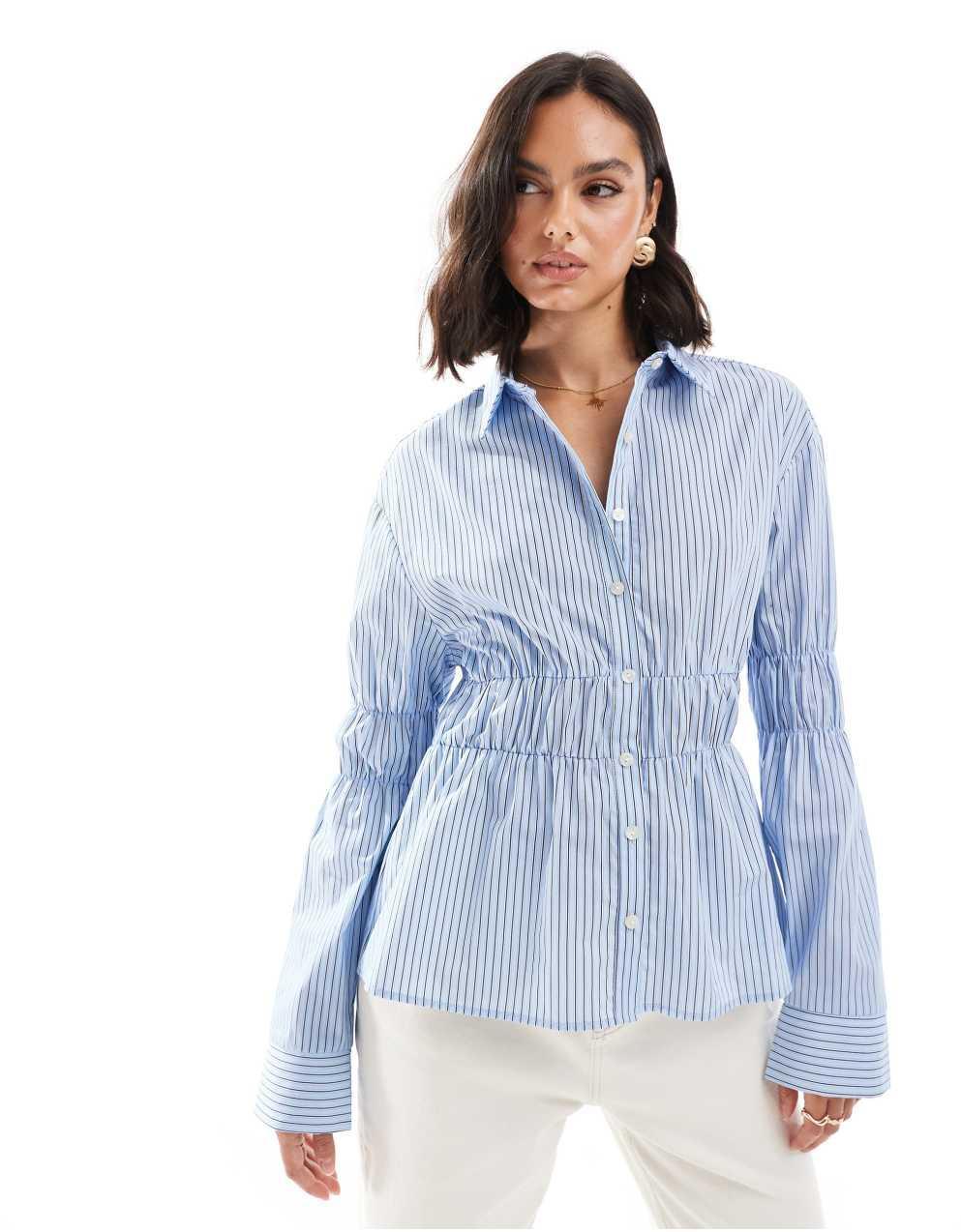 ASOS DESIGN 블루 스트라이프 셔링 디테일 오버사이즈 셔츠