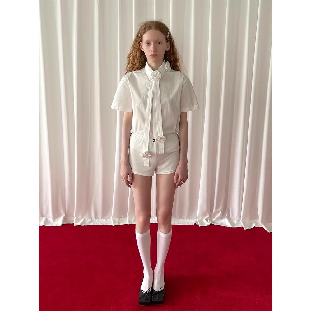 PFF GIRL 화이트 플라워 넥타이 리본 코튼 반팔 블라우스 머플러포함