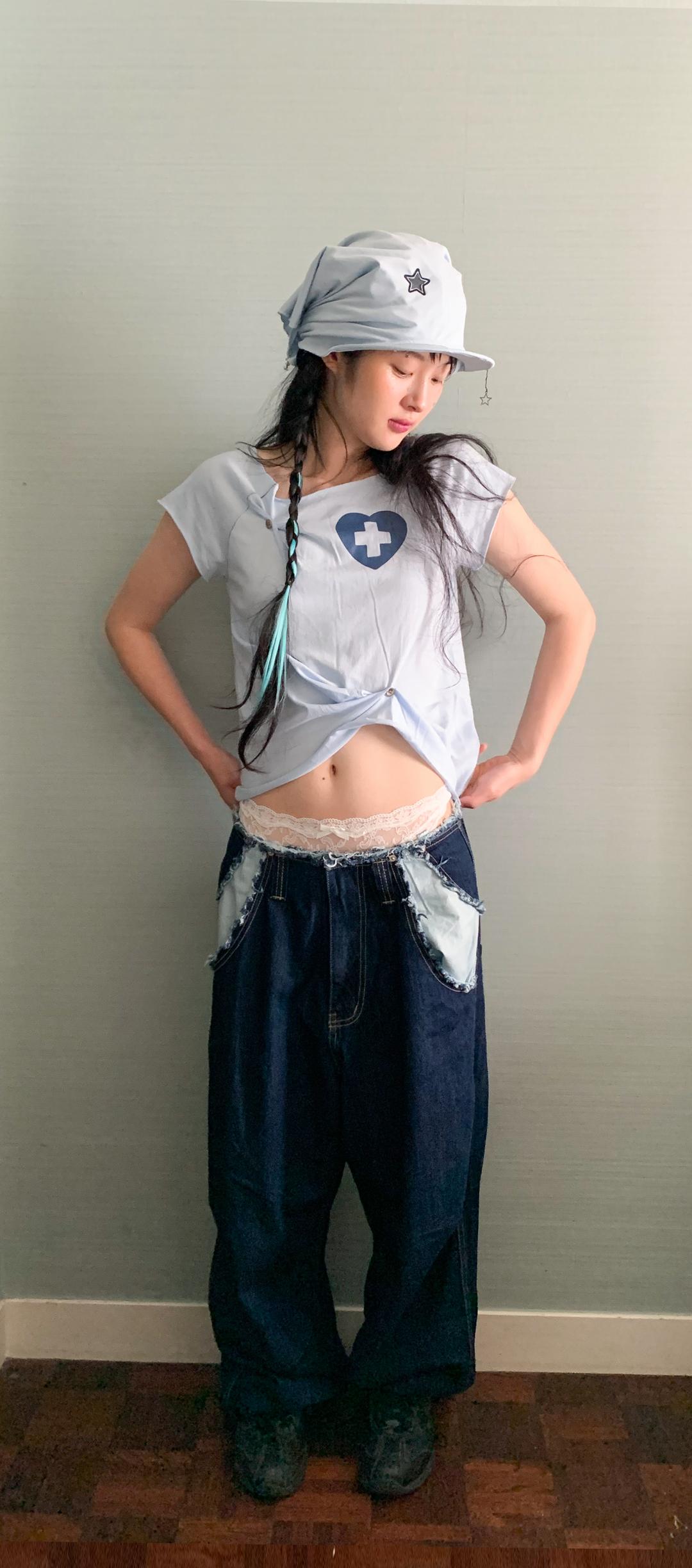[F.E.E.S] button up zodiac half T-shirt (sky blue)