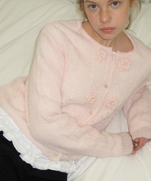 HANDMADE FLOWER SCOTCH KNIT CARDIGAN SOFT PINK