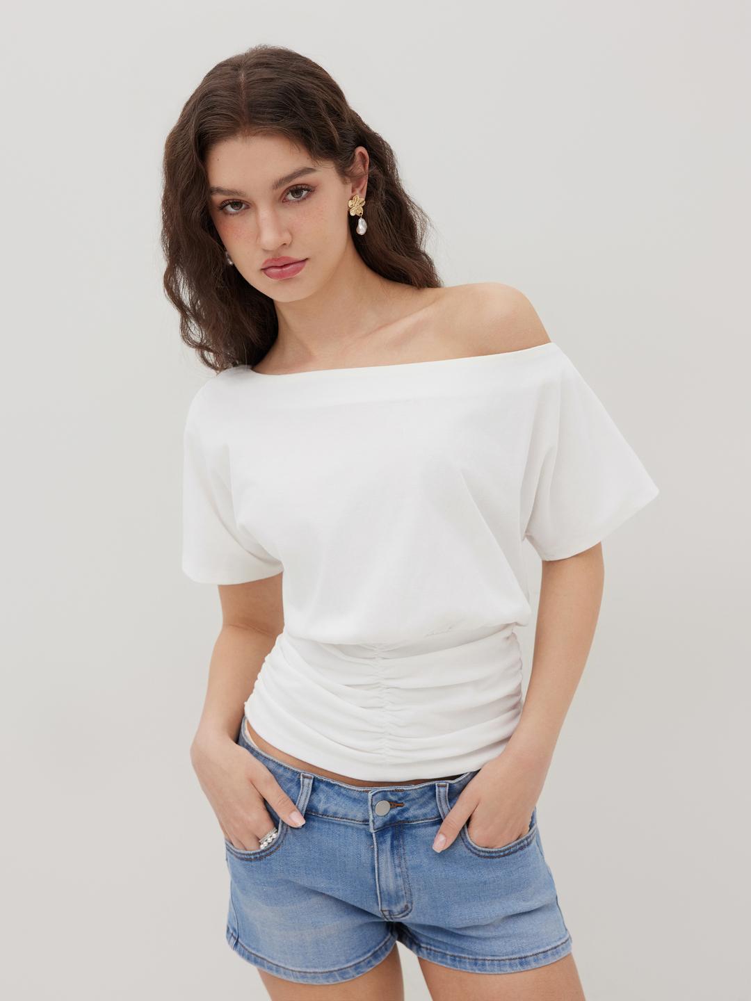 Cotton-blend Asymmetrical Neck Ruched Tee