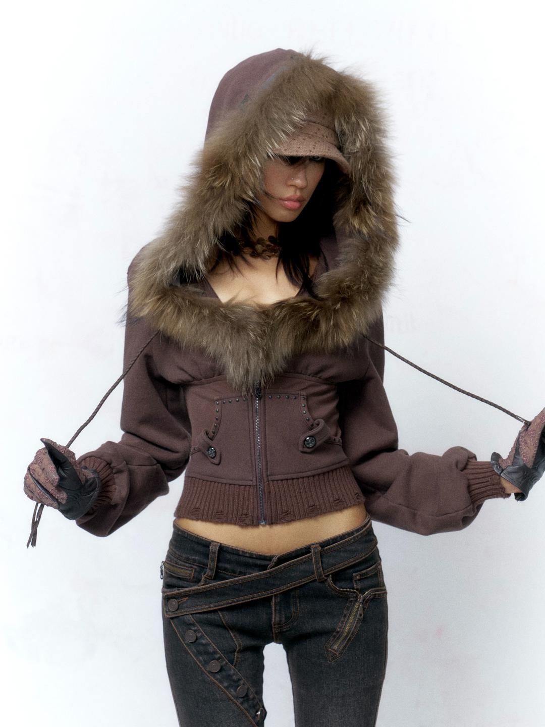 Flowers birds Market Fur collar slim waist rivet cotton hooded zip-up
