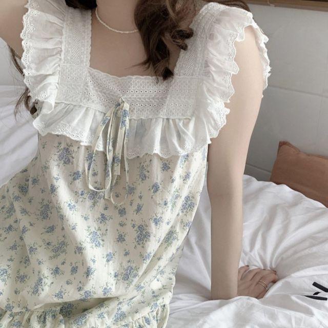 [상하세트,원피스/러블리] 블루 플라워 나시 민소매 잠옷 세트 여성 여자 홈웨어 파자마파티 사계절 시원한 여름 파자마 우정 잠옷선물 파자마팬츠 꽃무늬