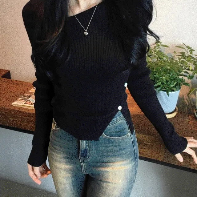 [슬림/트임] 로지 사선 골지 니트 (3color)