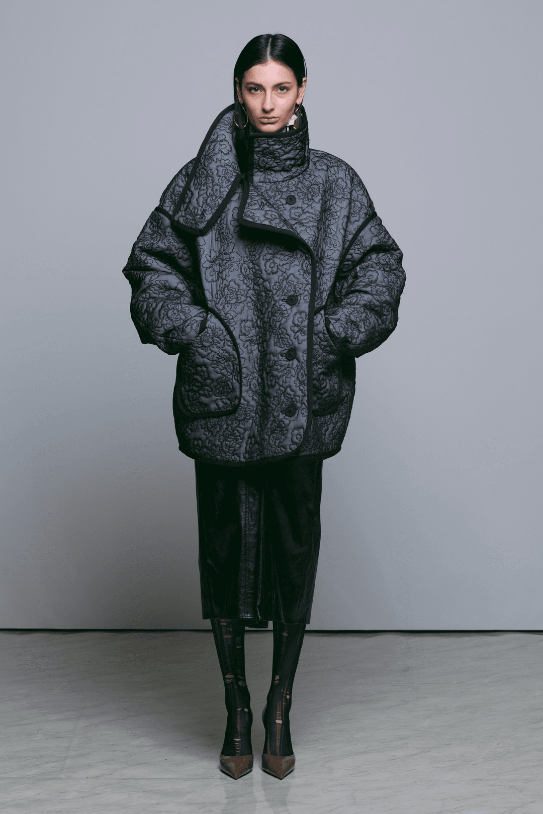 BLACK FLORAL QUILTED FUNNEL NECK JUMPER