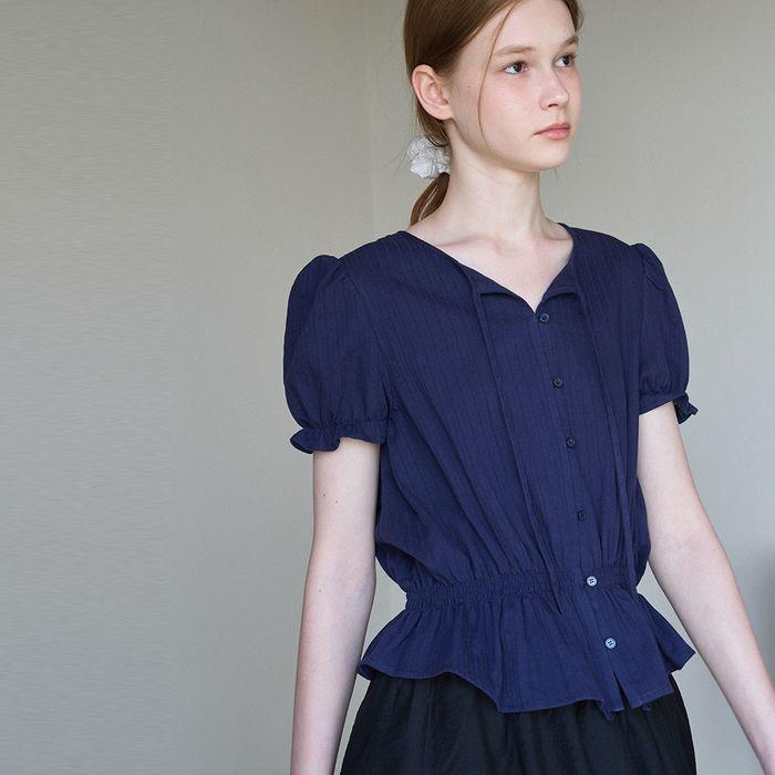 PUFF SLEEVE COTTON BLOUSE - NAVY