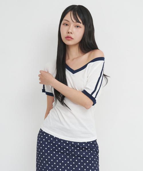 lotsyou_V neck Ringer T-shirts Navy
