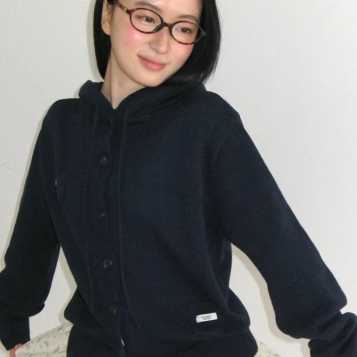 MINI POCKET HOODED KNIT CARDIGAN NAVY