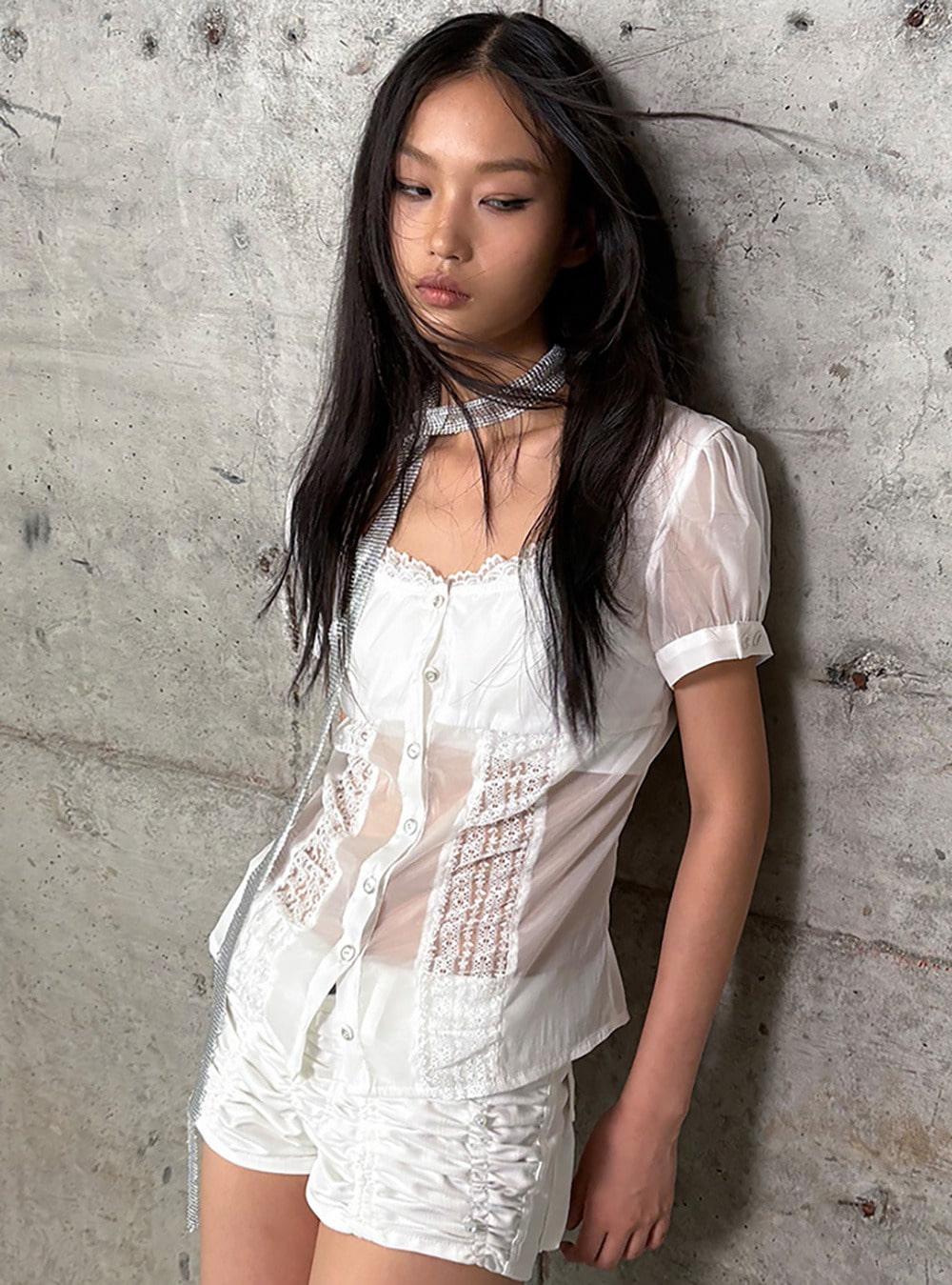 Sheer Gloss Organza Puff Blouse (2color)