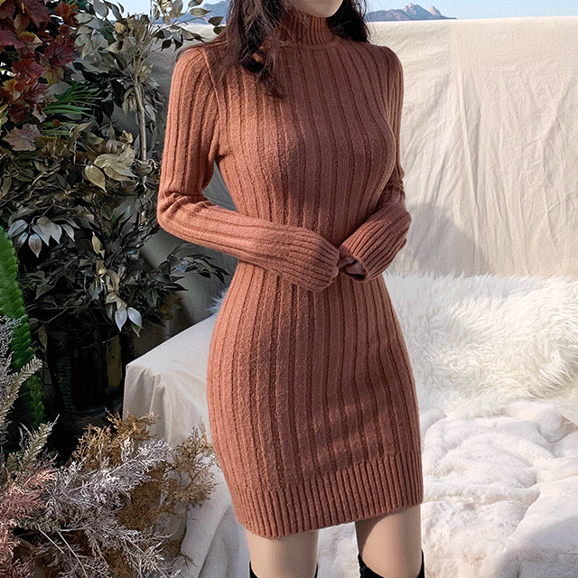 [당일발송♥청순섹시의정!석!♥여주인공느낌~] 청순 섹시 목폴라 골지 니트 원피스