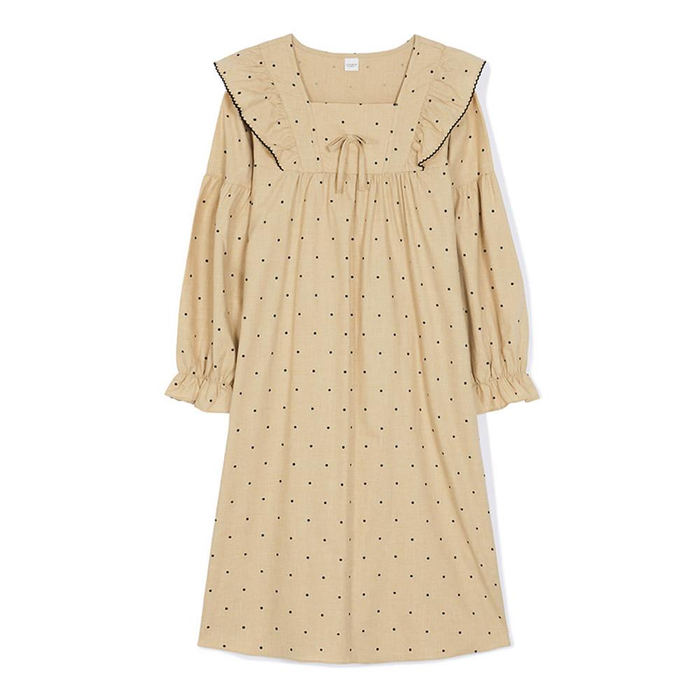 이브니에 토드 베이지 도트 긴팔 여성 원피스 잠옷 피치기모