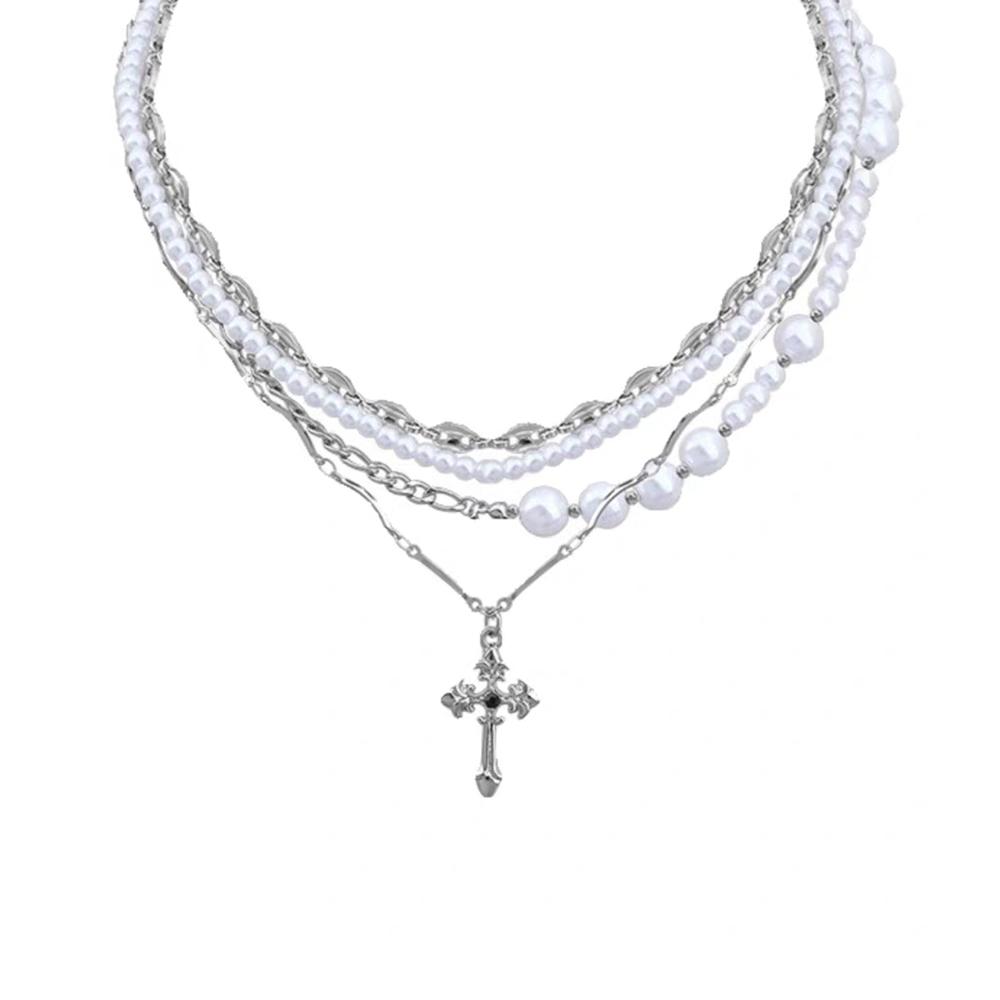 뉴로맨틱스 PEARL CROSS 4 LAYERD CHAIN CHOKER NECKLACE / 진주 크로스 십자가 4 레이어드 체인 초커 목걸이