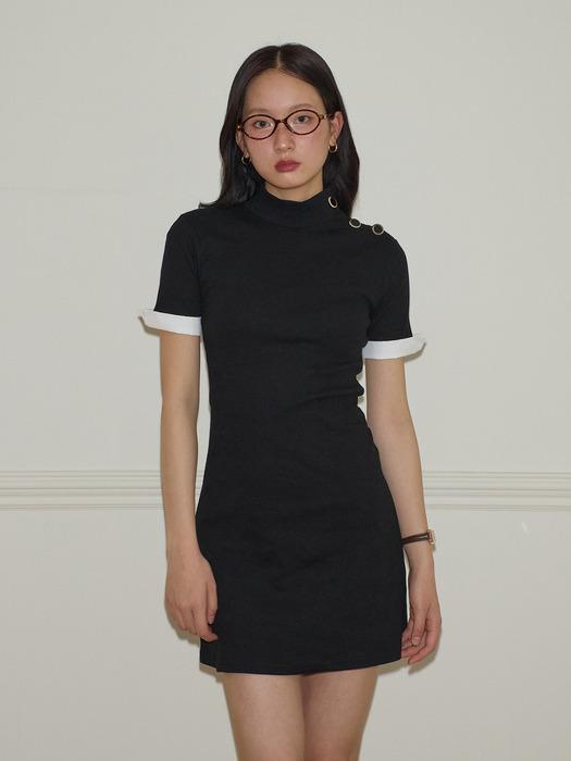 Button Point Short Sleeve Mini Dress_ Black