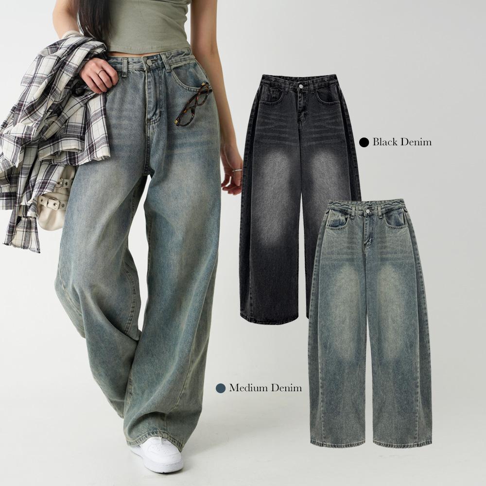 코튼클로젯 [허얇골넓핏/빈티지워싱][MADE] 로우피 빈티지 워싱 사이드 폴딩 와이드 데님 팬츠 2color