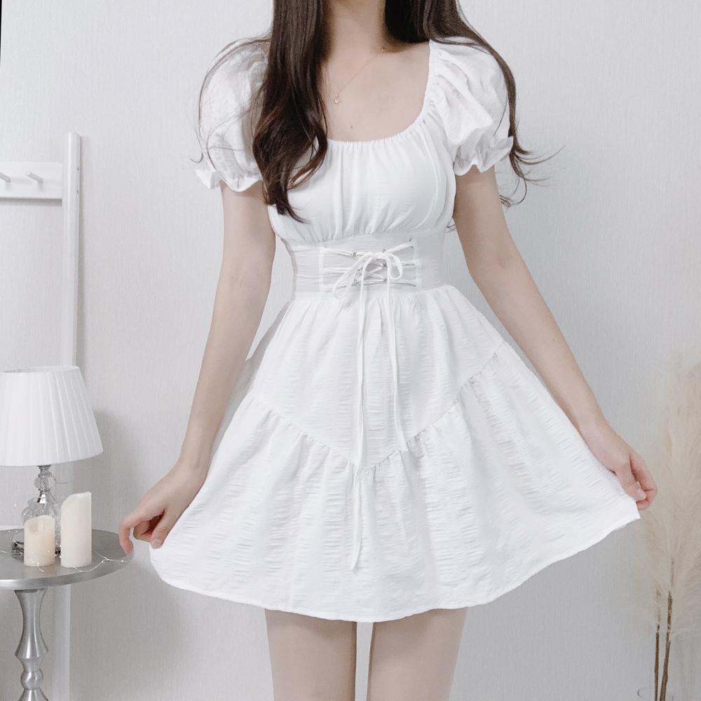 조이어블 [페미닌무드/코르셋디자인] 스퀘어넥 오프숄더 퍼프 코르셋 A라인 쉬폰 원피스