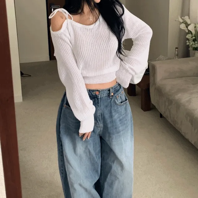 지금부터 여름까지! 부클 언발 끈 니트 리본 어깨트임 오프숄더 니트 긴팔 크롭 여리티셔츠
