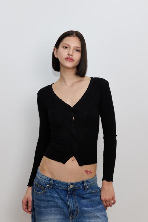LACE RIBBED CARDIGAN (BLACK)
