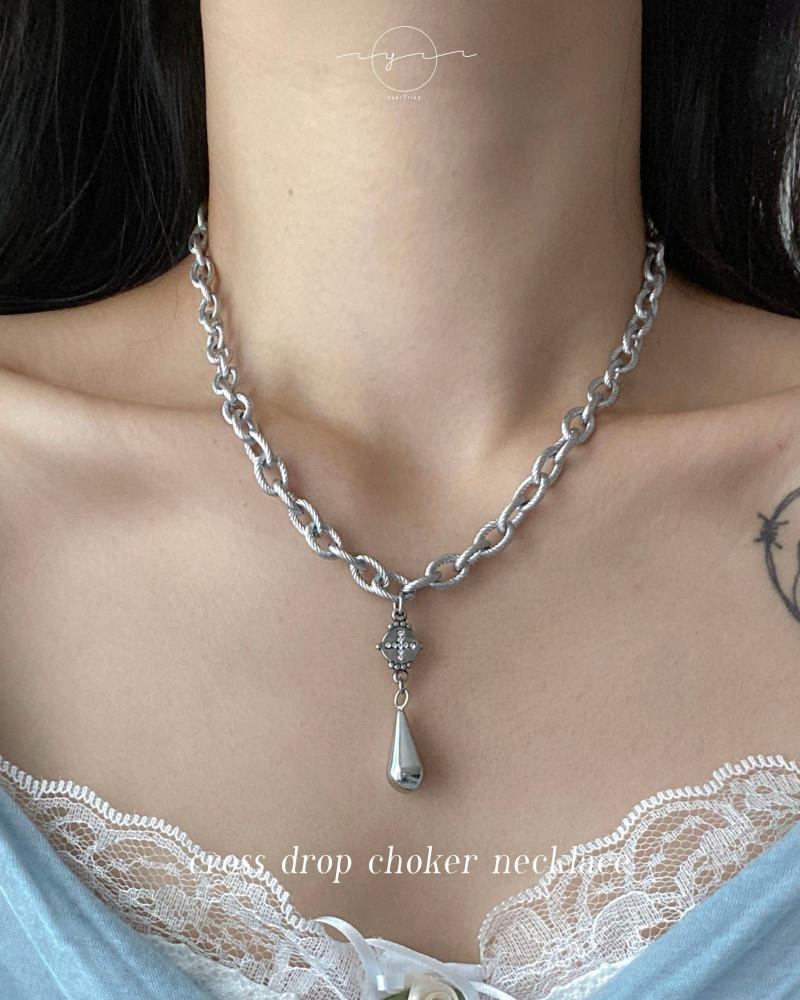 [신상 5% 할인] (전체 써지컬스틸) 크로스 드롭 초커 목걸이