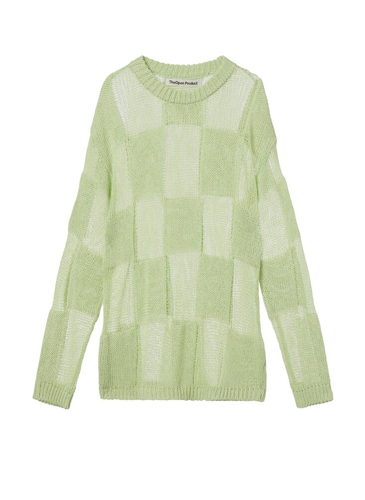 PAPER YARN CHECKER BOARD PULLOVER, LIGHT GREEN