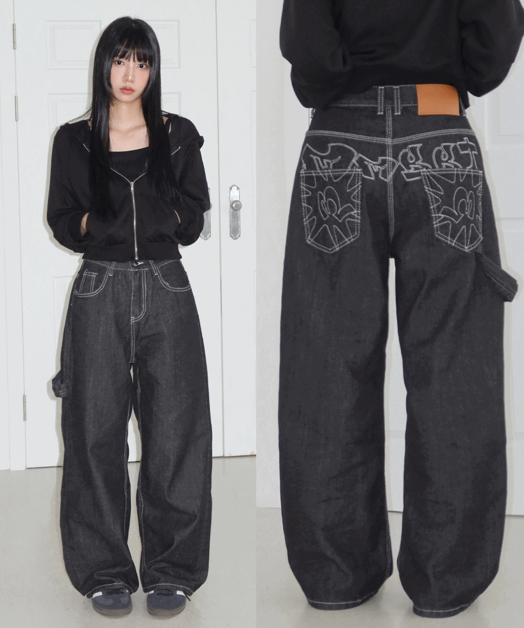 [힙무드] 백 라인 스티치 와이드 데님팬츠