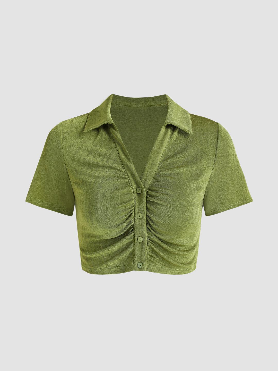 Solid Button Up Collar Crop Tee