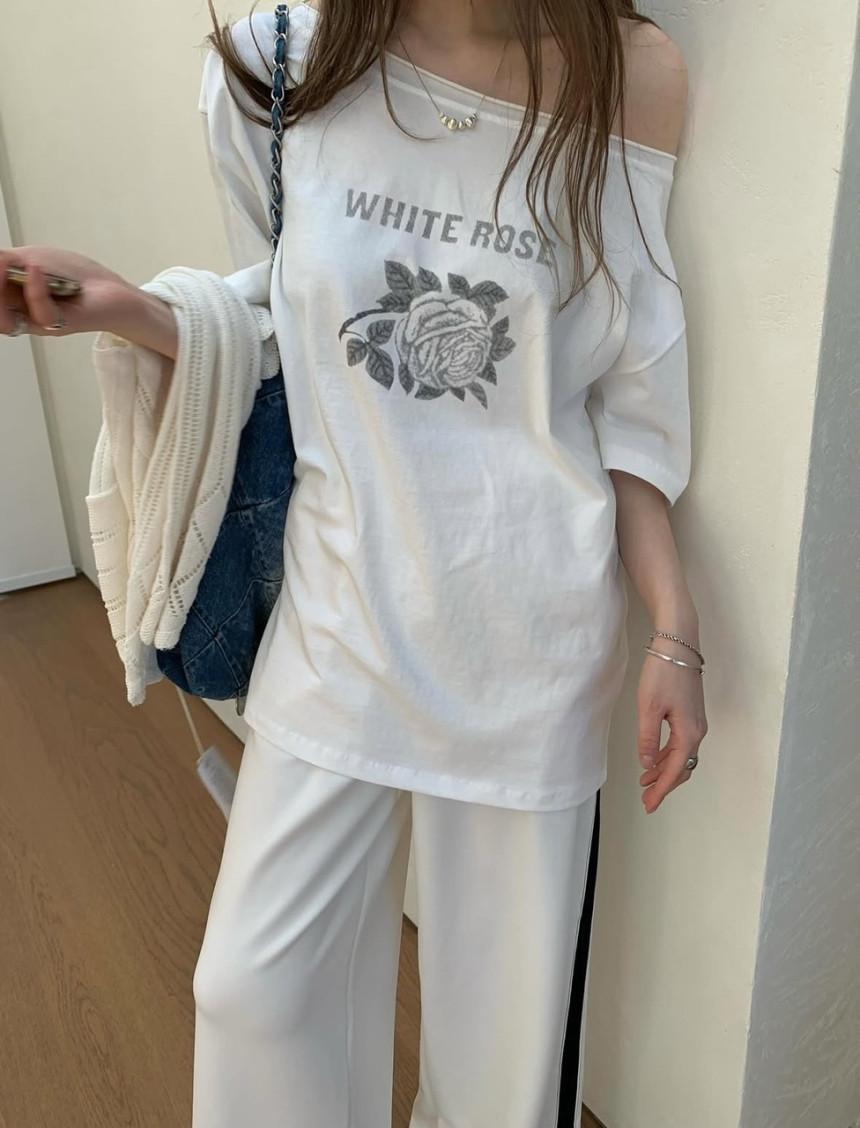 인어로브 포스터 로즈 오프 티셔츠 (3color) 오프숄더 언발 비치웨어 포인트 티셔츠
