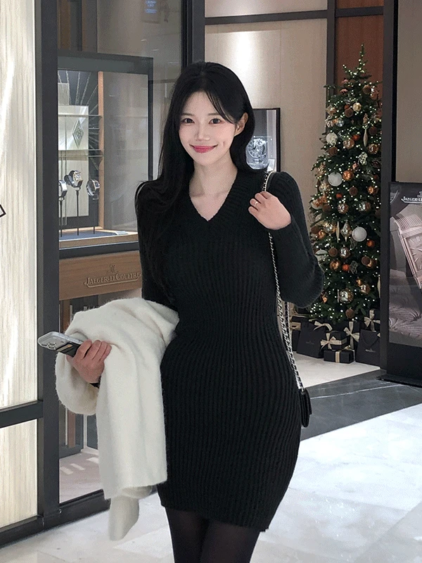 르쥬 브이넥 니트 미니 원피스 (3color)