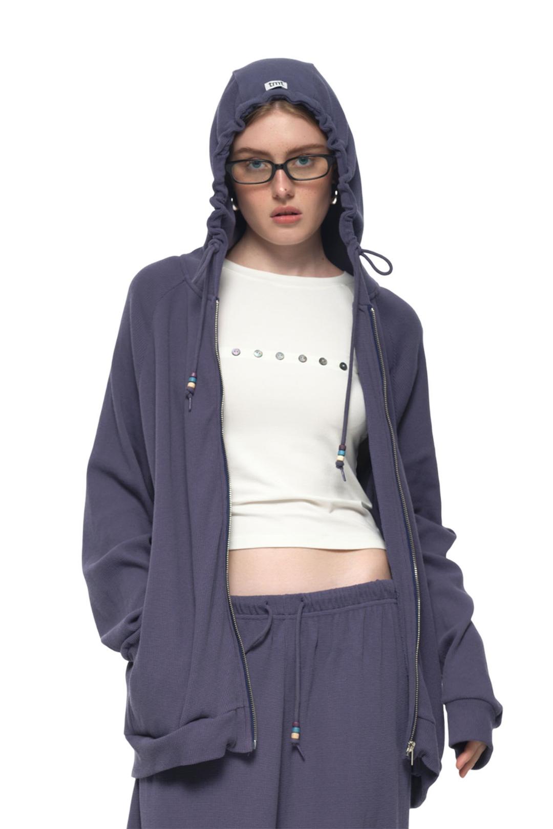 WOOD BEAD WAFFLE ZIP-UP HOODIE (BLUE)