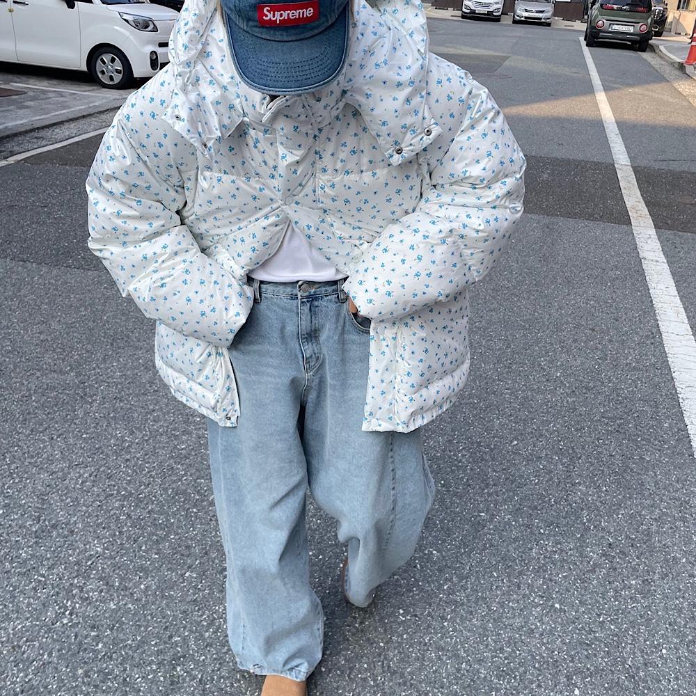 플라워 오리털 100 다운 오버핏 패딩 점퍼