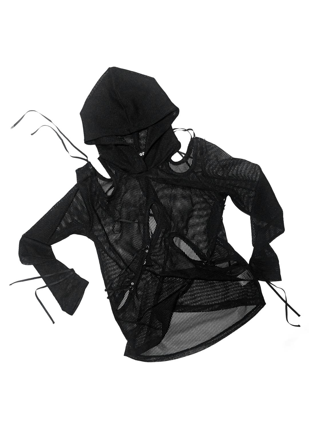 MULTIWAY MASH  SHIRRING KNIT HOOD . BLACK