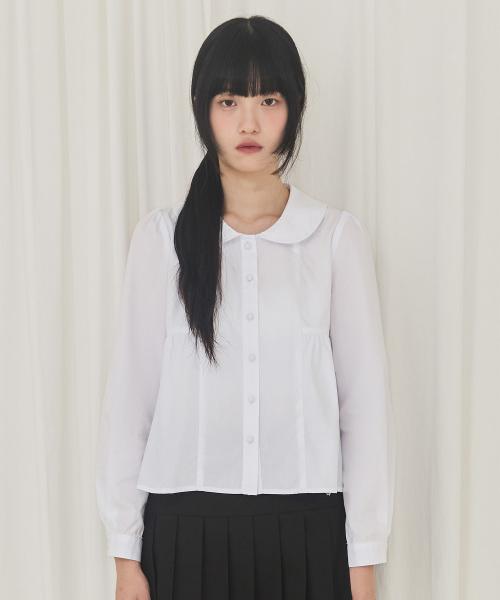 Round Collar Shirring Blouse (White)