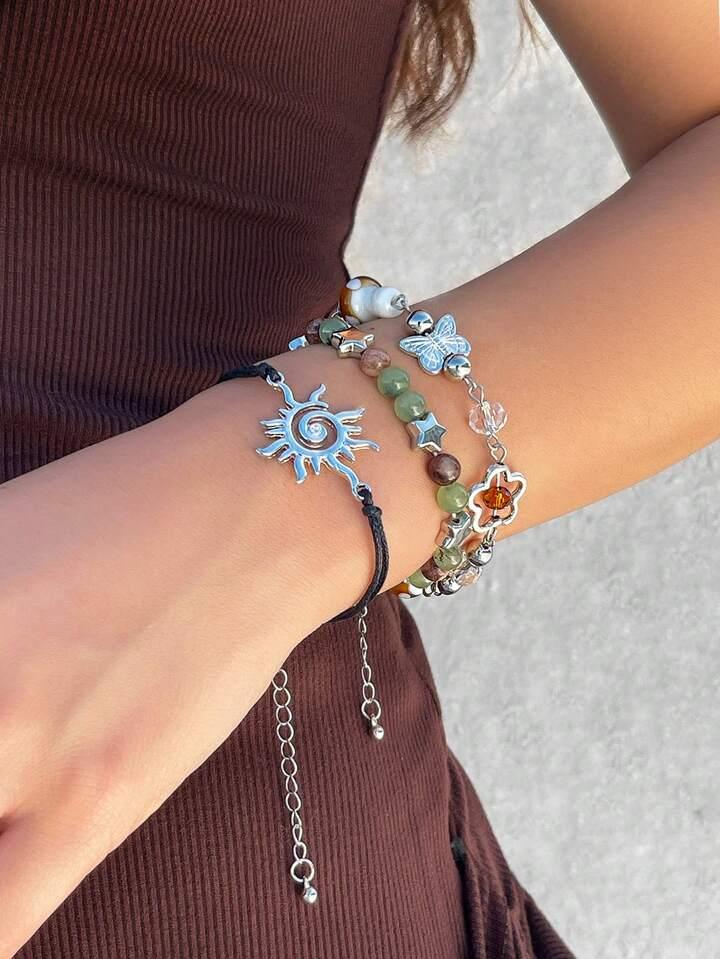 Fairycore 3pcs Fashionable Simple Geometric Spiral/Star/Flower/Butterfly/Mushroom Beaded Bracelet Set Valentines,Mom,Mother,Mother's Day,Gift