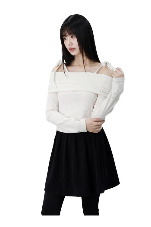 휘드 리본 오프숄더 골지 티셔츠