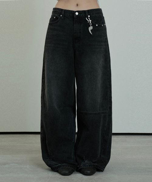 Hem Damage Keyring Wide Denim Pants (Black)