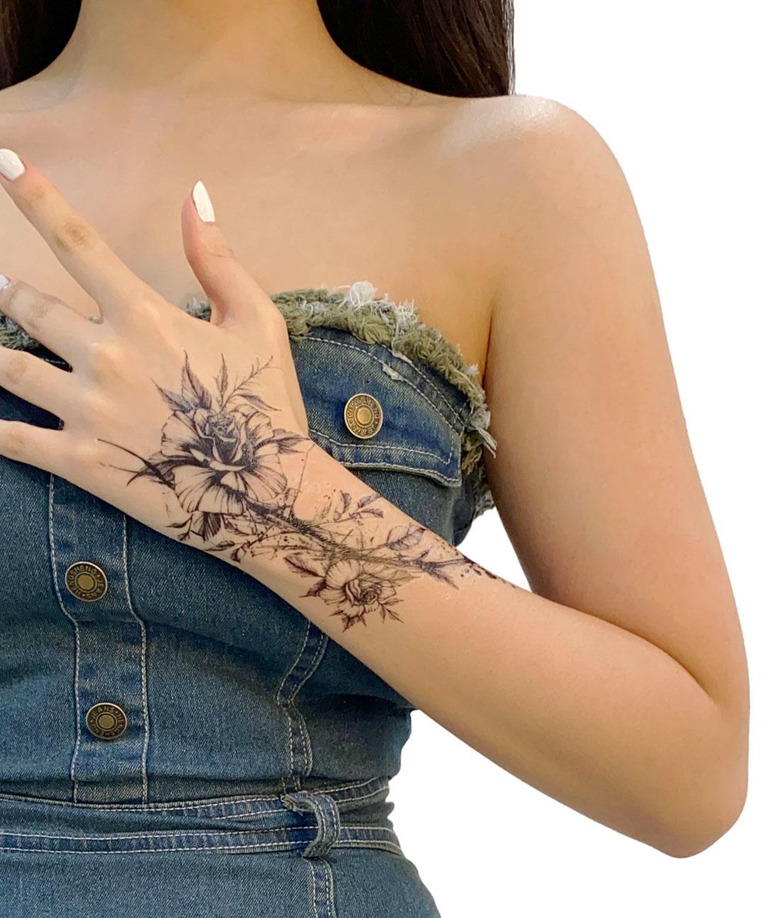 [당일출고] 지워지는 대형 꽃 블랙앤그레이 셀프 타투 문신 도안 판박이 스티커 *만14세이상