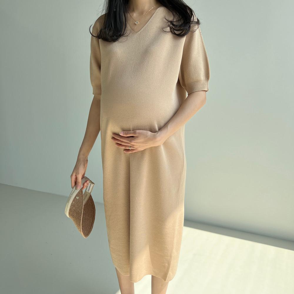베이직 미디기장 심플 브이넥 니트 여름 임부복원피스 임산부 만삭