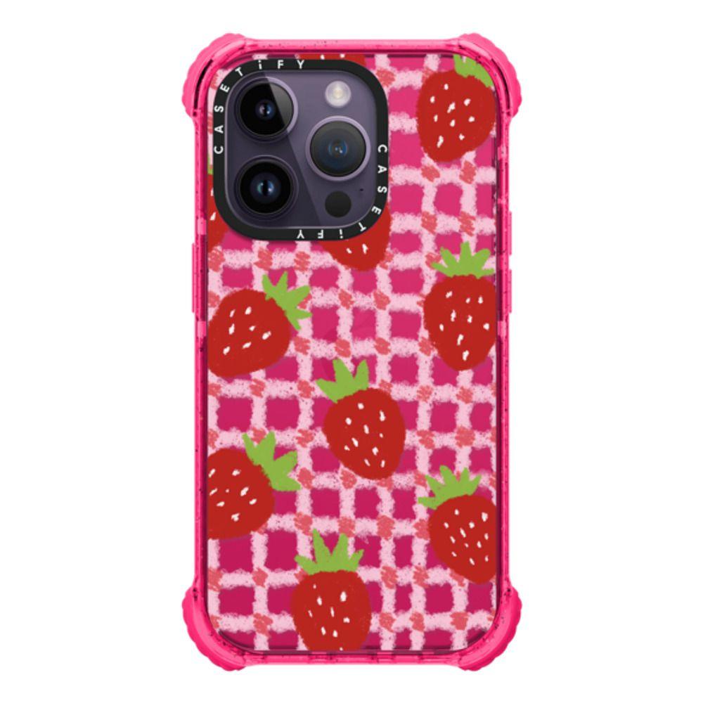 sweet red strawberries with pink check pattern - crayon texture