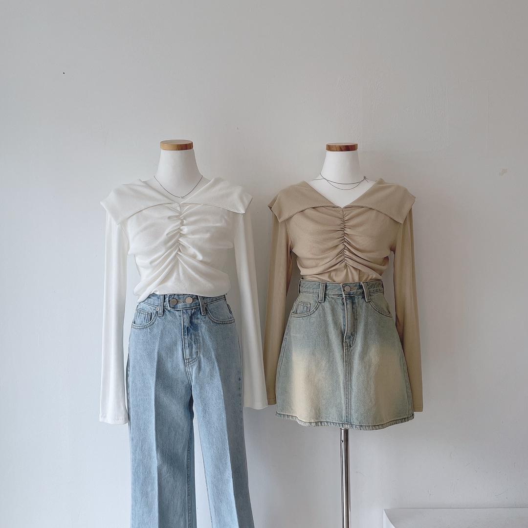 포츠 세일러 카라 셔링 티셔츠