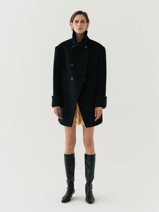 FW20 100% WOOL FUNNEL-NECK HALF COAT - DEEP NAVY